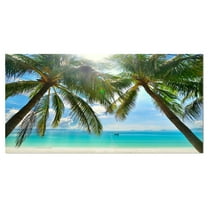 Designart 'Palm Hanging over Sandy White Beach ' Seashore Photo Canvas Art Print
