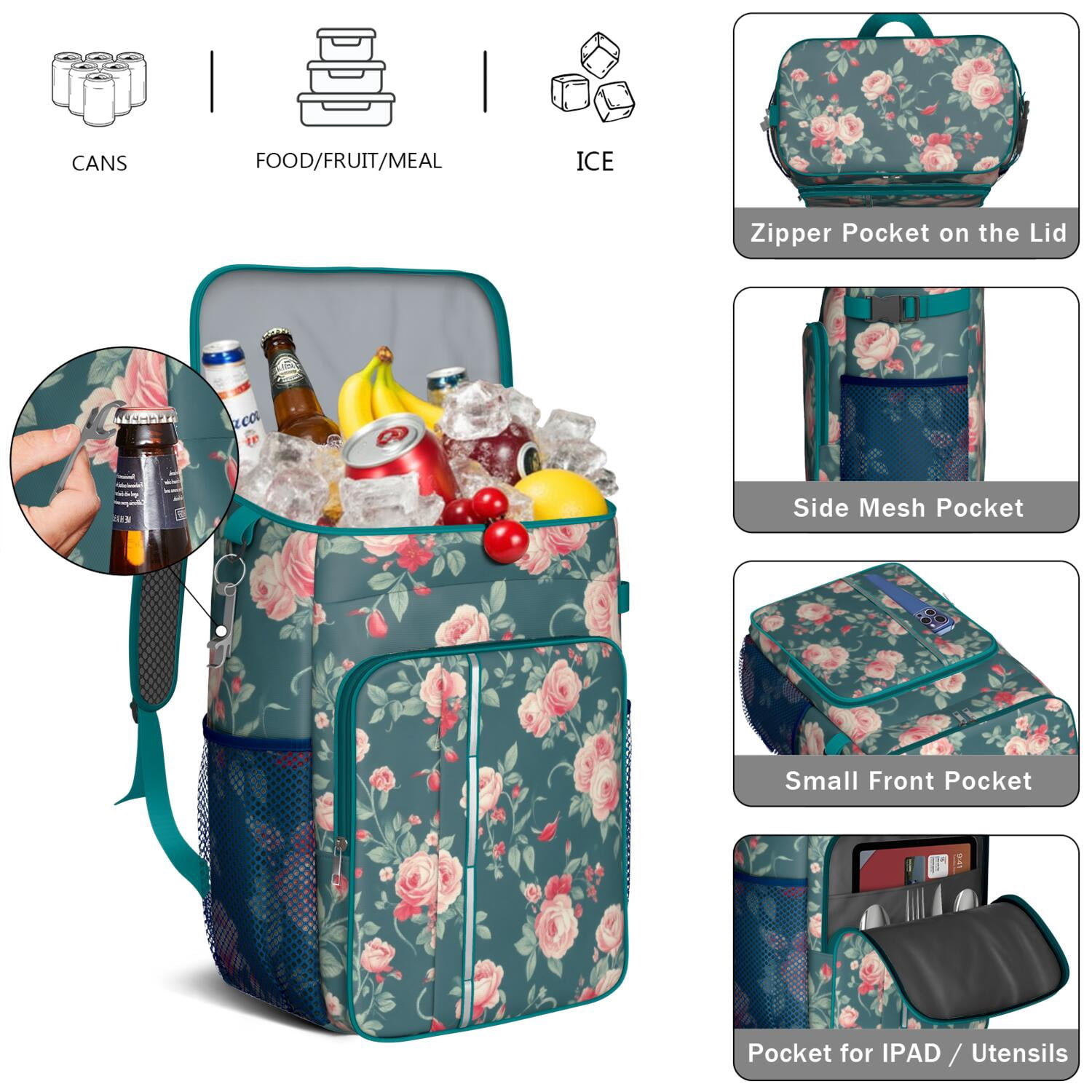 Travel Cooler Bag - Pioneer Flower Floral Print Pattern Camping Beer Cooler Backpack with Bottle Opener- Waterproof Insulated Picnic Backpacks - Cooler Bag for Beach