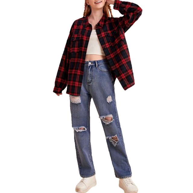 Faithtur Female Shirt Adults Plaid Turn-Down Collar Long Sleeve Tops Blouse