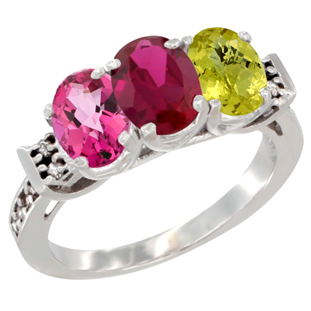 10K White Gold Natural Pink Topaz, Enhanced Ruby & Natural Lemon Quartz Ring 3-Stone Oval 7x5 mm Diamond Accent, sizes 5... by WorldJewels