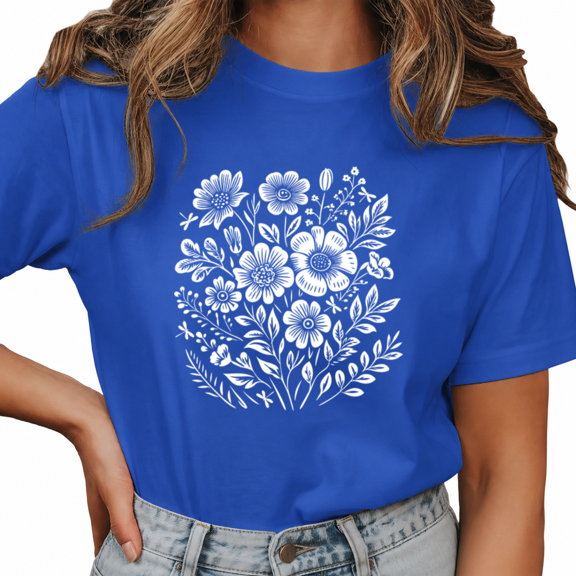 Giffimy Women's Blue Wildflower Butterfly Leaf Minimal Botanical Minimal Floral Graphic Short Sleeve T-Shirt Soft Cotton Crewneck Top
