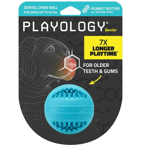 Playology Dog Toys | Dental Chew Ball For Senior Dogs, Peanut Butter Scented Toy - Medium