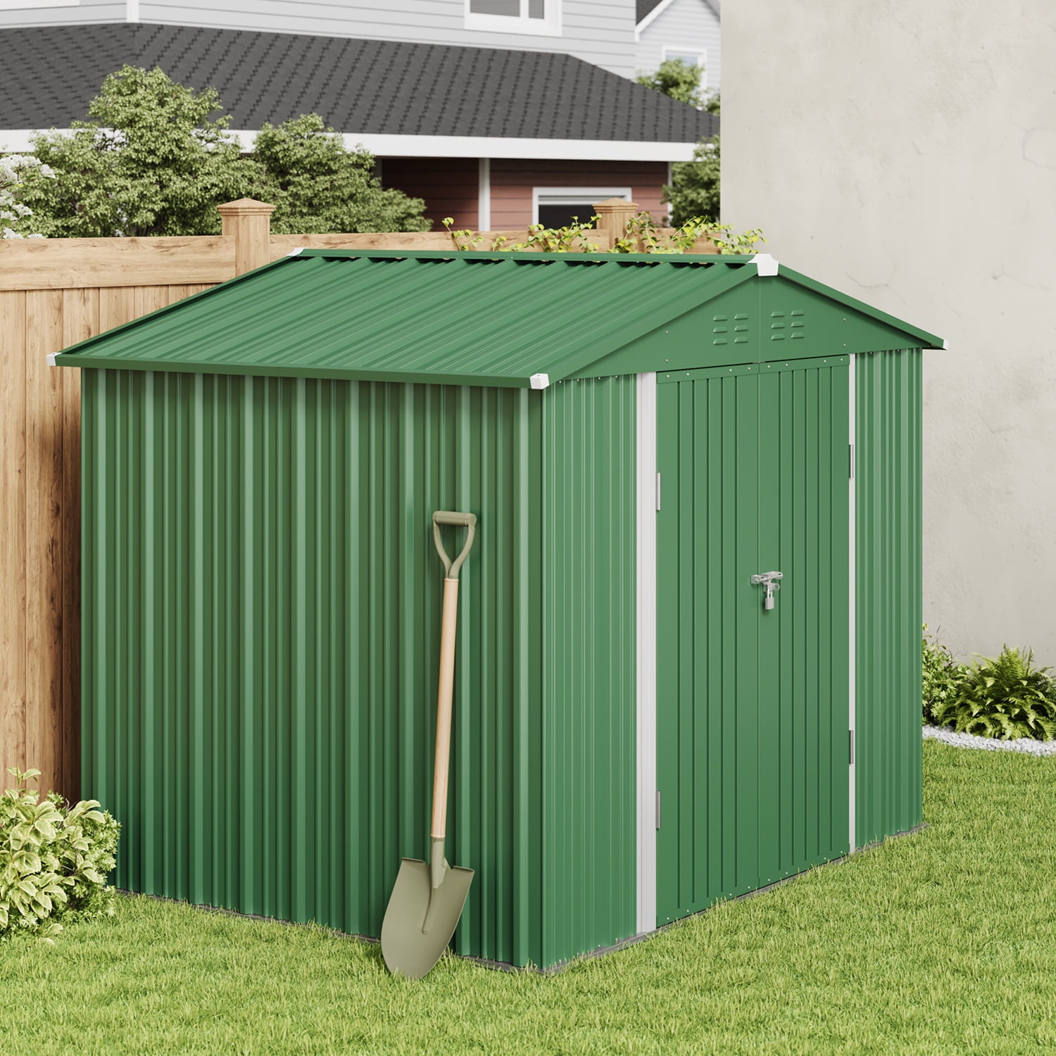 Asofer Outdoor Storage Shed 8 x 6 FT, Galvanized Metal Garden Shed with Double Lockable Doors for Backyard Patio Lawn-Green