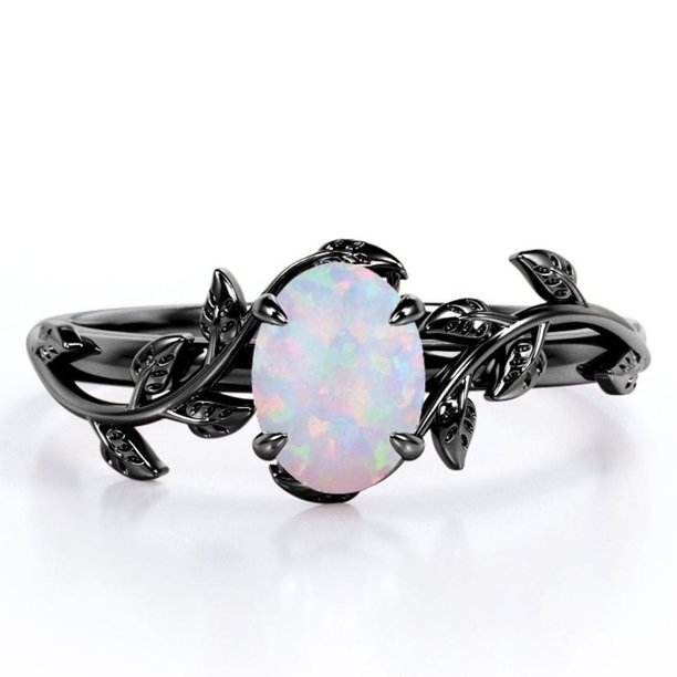JeenMata Inspirado en la Naturaleza: Ópalo Arcoíris de Forma Ovalada de 0,5 Quilates, Anillo de Compromiso con Engaste de Cuatro Puntas, Baño de Oro Negro de 18 K sobre Plata