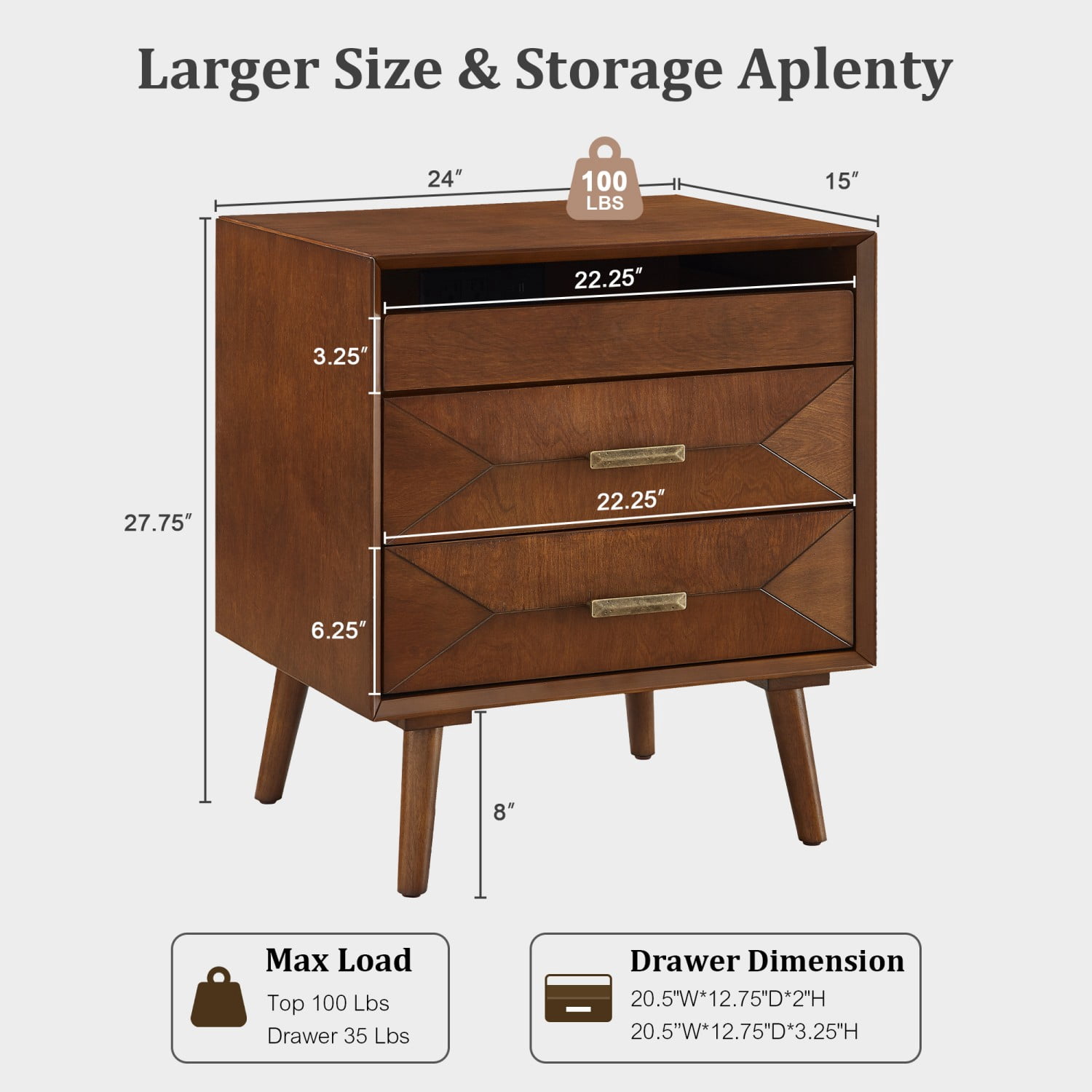 24" Nightstand with Charging Station, Wood Bedside Table with 2 Drawers, USB & Type-C Ports, Mid Century Modern End Table with Open Shelf for Bedroom Living Room Office, Walnut