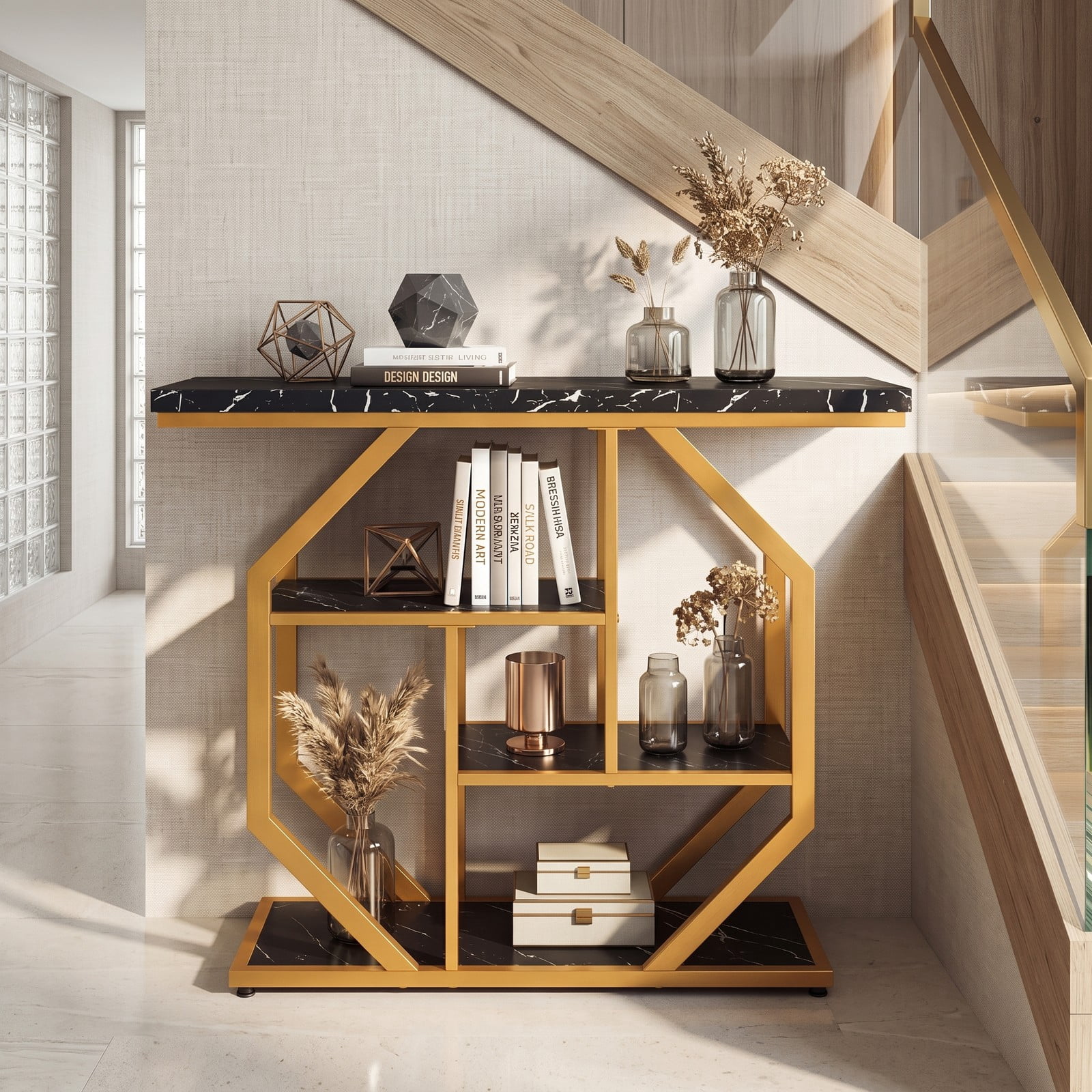 Furnibear Modern Sofa Table Behind Couch 4-Tier Console Table with Faux Marble Tabletop and Open Shelves, Black and Gold