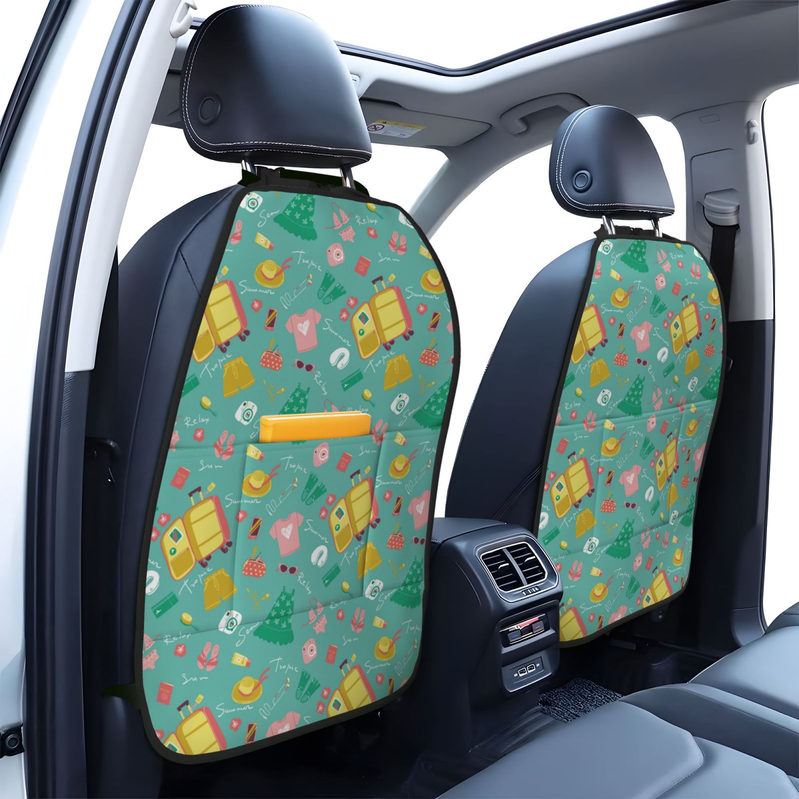 Kdxio Happy Summer Print 2 Pack Car Kick Mat Seat Cover Back Protector Mat with Pockets for Organizer Backseat Protector and Storage Anti Kick Pad for Vehicles
