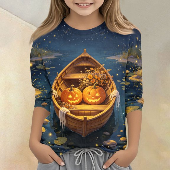 Kids Halloween T-Shirts Toddler Boys Girls 3/4 Sleeve Ghost Pumpkin Graphic Tees Tops 2-13 Years