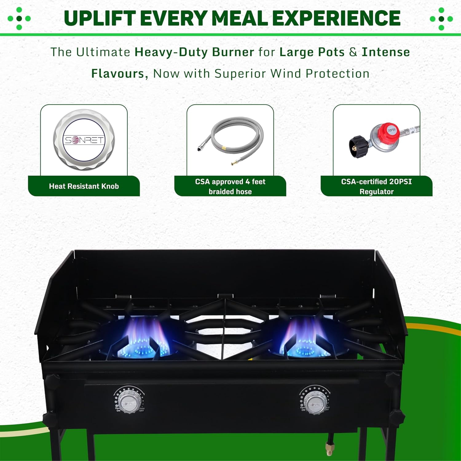 SONRET - Double Burner Propane Outdoor Camping Stove - with Detachable Legs & Wind Panel