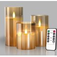 thumbnail image 1 of Velas LED de vidrio sin llama con pilas con control remoto y temporizador, velas de cera real, color cálido y parpadeante para decoración de bodas (paquete de 3) -Oro, 1 of 5