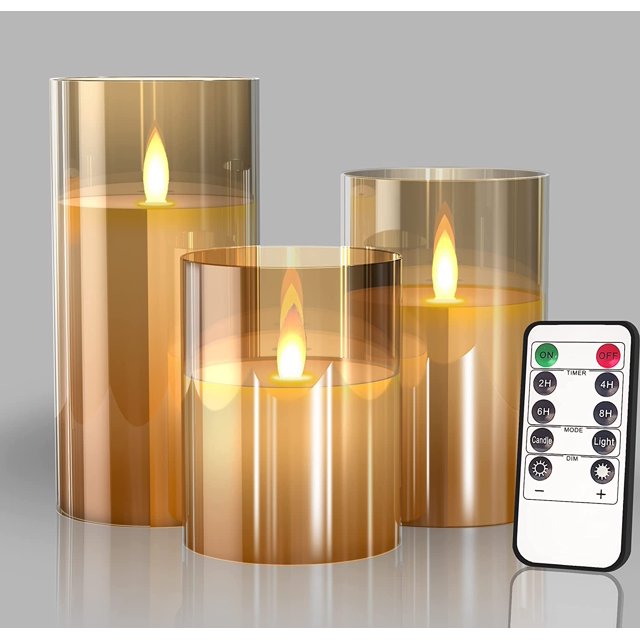 Velas LED de vidrio sin llama con pilas con control remoto y temporizador, velas de cera real, color cálido y parpadeante para decoración de bodas (paquete de 3) -Oro