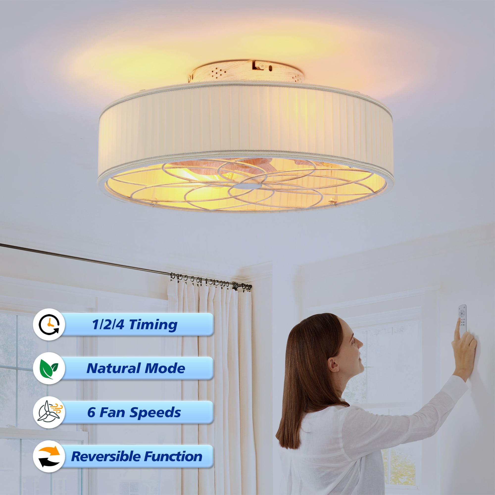Leumius 20" Fabric Farmhouse Ceiling Fan with Light and Remote Control,Low Profile Modern Enclosed Ceiling Fans with Reversible Motor for Living Room,Bedroom,Kitchen White (NOT Included Bulbs)