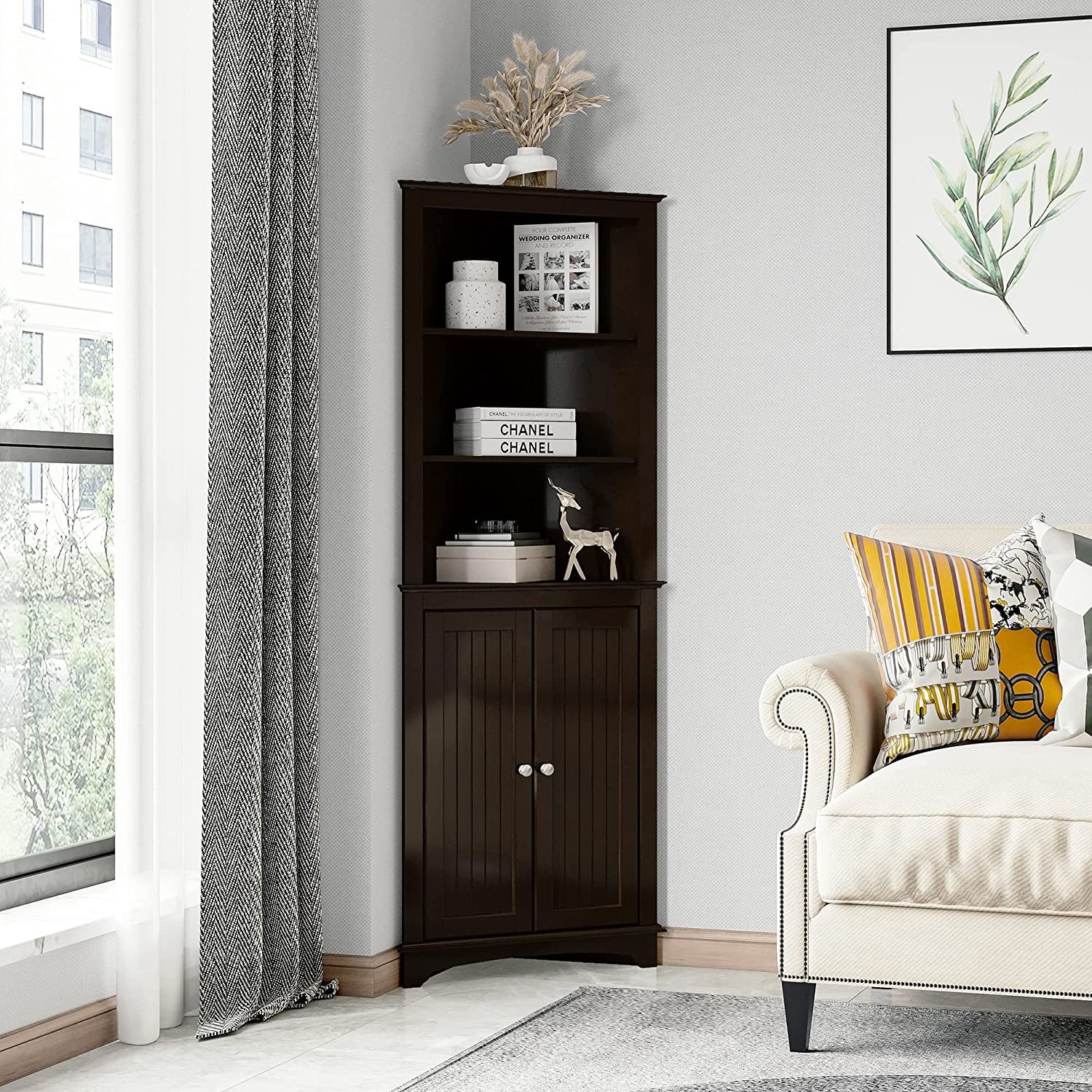 Spirich Tall Corner Cabinet with Adjustable Shelves, Free Standing Storage for Bathroom, Kitchen, Espresso
