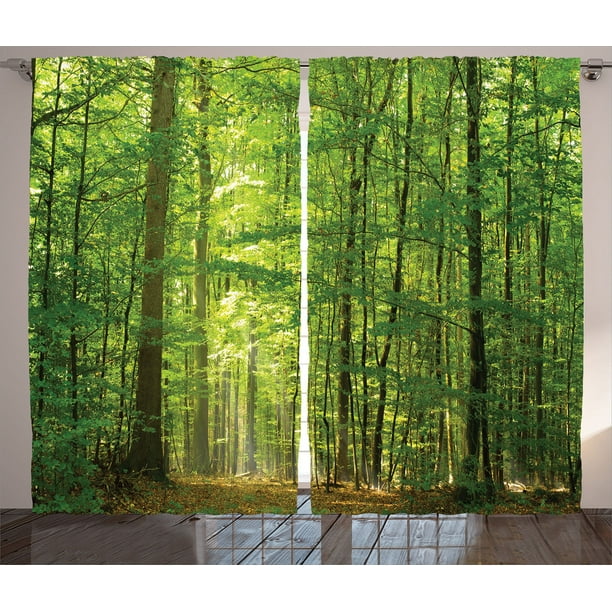 Woodland Decor Curtains 2 Panels Set, Deciduous Forest In Summertime