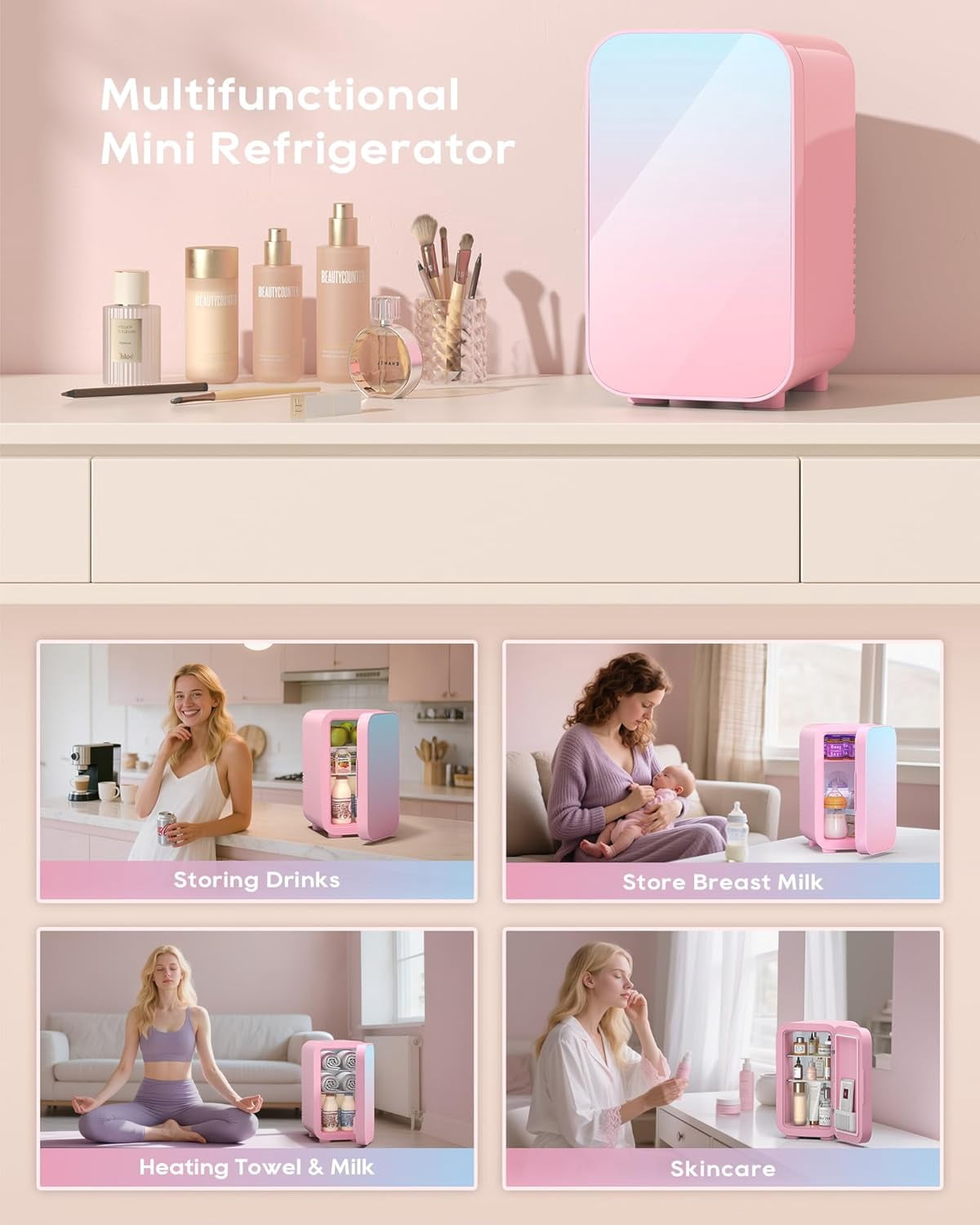 Fridge 6 Liter Pink Portable Thermoelectric Cooler Warmer for Skincare Cosmetics Beverages Food Dorm Office Bedroom