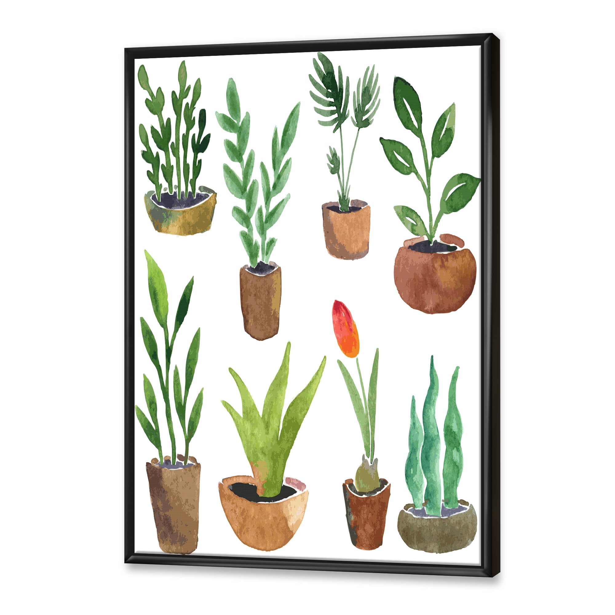 Designart 'Eight House Plants In Claypots' Traditional Framed Canvas Wall Art Print