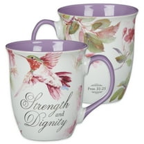 Christian Art Gifts Large Ceramic Inspirational Scripture Coffee & Tea Mug for Women: Strength & Dignity Bible Verse, Colorful Hummingbird Floral, Cute Drinkware, Purple Lavender & Silver, 14 oz.