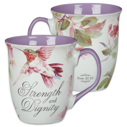 Christian Art Gifts Large Ceramic Inspirational Scripture Coffee & Tea Mug for Women: Strength & Dignity Bible Verse, Colorful Hummingbird Floral, Cute Drinkware, Purple Lavender & Silver, 14 oz.