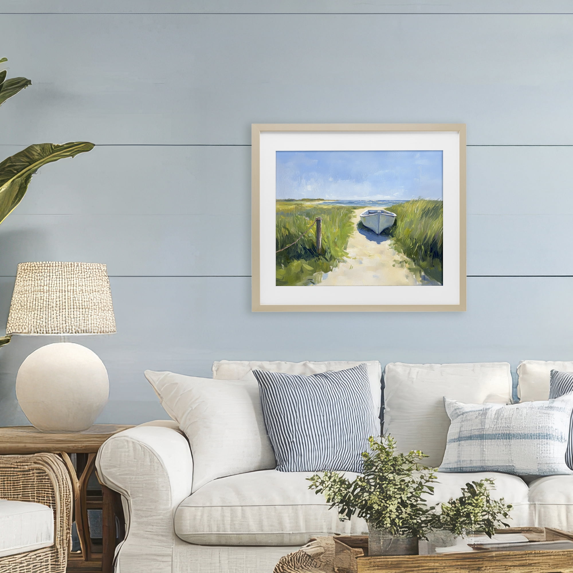 Stupell Industries Moored Boat on Path Birch Framed Print Under Glass, design by Sisi and Seb