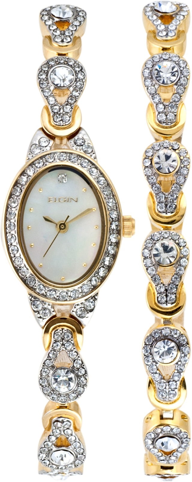 Elgin Adult Woman's Glitz Mother of Pearl Dial Watch and Bracelet Set