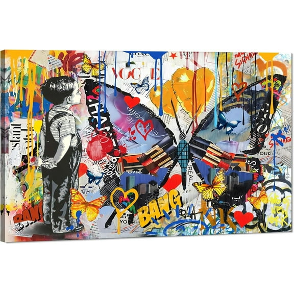 Graffiti Boy Canvas Wall Art Colorful Butterfly Balloon Street Art Unframed Artwork Banksy Poster Home Wall Decor for Living Room Bedroom Office Decoration Ready to Hang