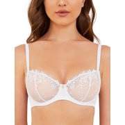 Wingslove Women's Sexy Lace Sheer Bra Demi Mesh Balconette See Through Unlined Underwire with Silicone Nipple,White 36C