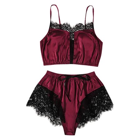 

Women s Sleepwear 2pcs Floral Lace Trim Satin Cami Pajama Set Female Mesh Nightgown Lingerie Set New