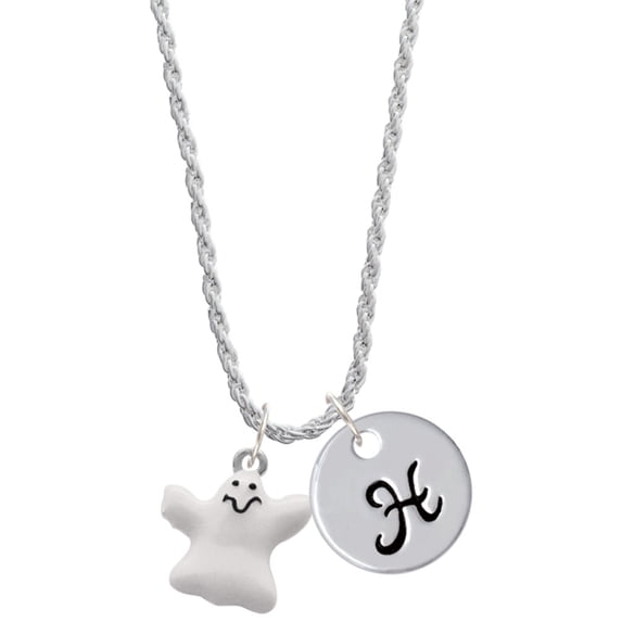 Delight Jewelry Silvertone White Ghost Silvertone Script Initial Disc - H - Charm Necklace, 20"+3"
