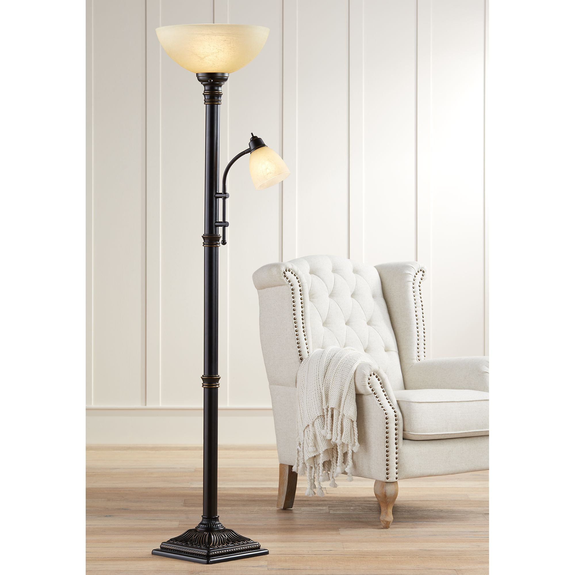 Regency Hill Garver Bronze Torchiere Floor Lamp With Reader Arm by Regency Hill