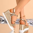 thumbnail image 4 of Rokment Women's Glitter Sequin Metallic Platform Wedge Sandals for Wedding Banquet Bridal Bling Open Toe Ankle Strap Chunky Heels Summer Dress Shoes Gold Size 6, 4 of 7