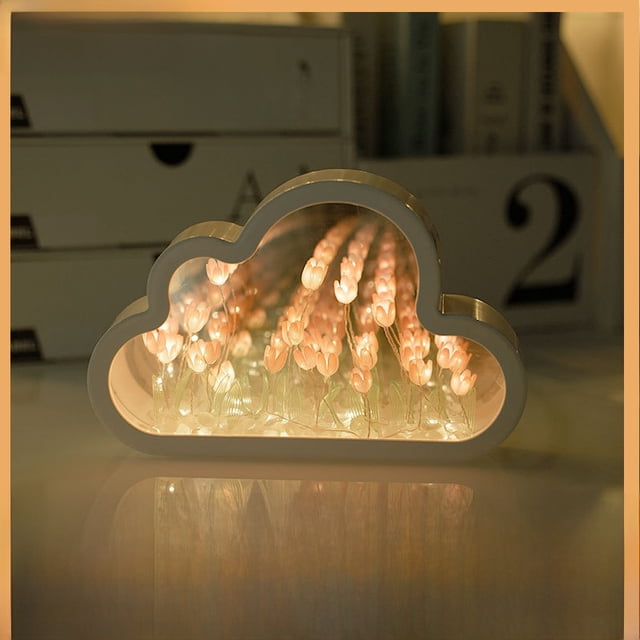 Espejo con forma de nube de tulipán creativo y hecho a mano, luz de noche, regalo práctico para novias, adornos de plástico hechos a mano