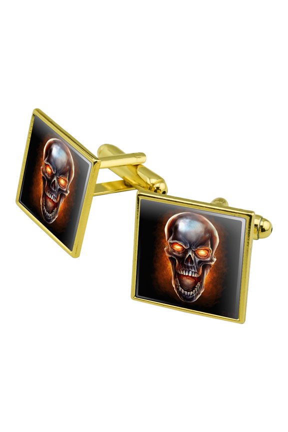 Chrome Metal Flaming Skull Square Cufflink Set - Silver or Gold