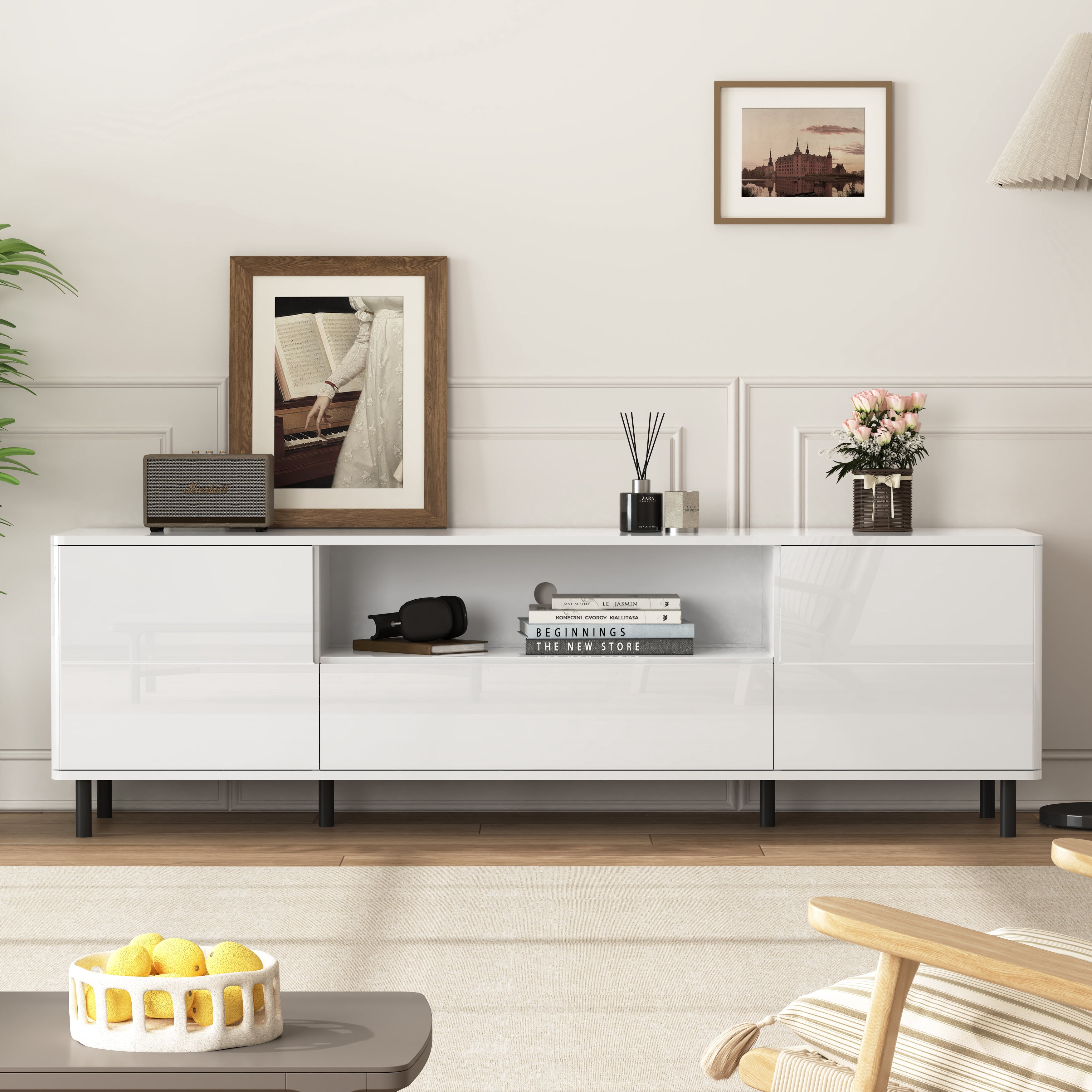MAYEERTY High Gloss Panel Modern TV Console – White Entertainment Center with Storage Shelves