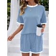 thumbnail image 5 of Women 2 Piece Shorts Set Casual Summer Outfits Ribbed Loose Short Sleeve Matching Lounge Sets Light Blue L, 5 of 8