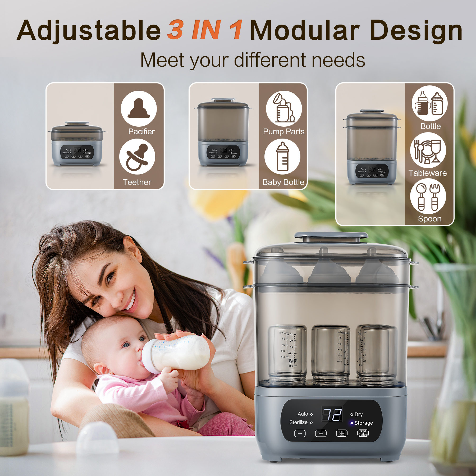 thumbnail image 5 of AMZBABYCHEF 4-in-1 Baby Bottle Sterilizer & Dryer: 72H Storage, 30-Min Dry, 6 Bottles + Accessories, FDA/CPC, 99.99% Germ-Free‌, 5 of 8