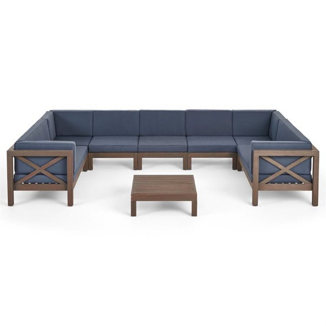 Noble House Brava 8 Piece Outdoor Acacia Wood Sectional Sofa Set in Dark Gray