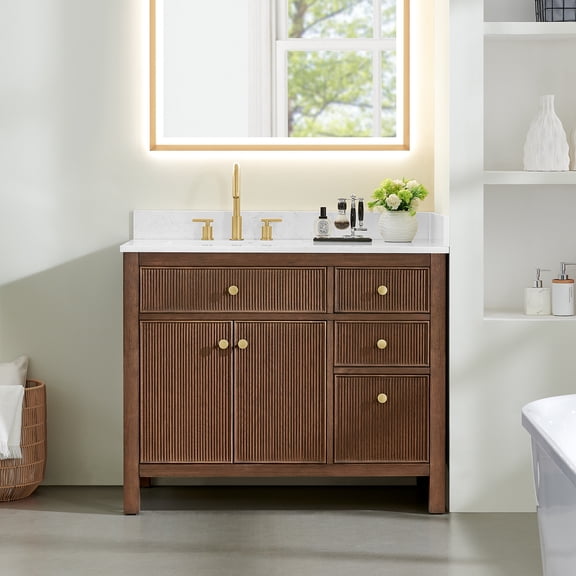 Cerrito 42" Wood Vanity in Brown Oak with Grain Engineered Stone Top no Mirror