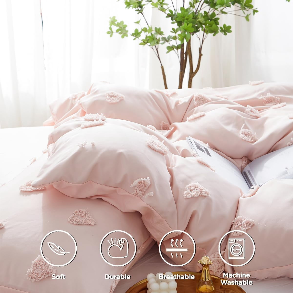 JOLUSERE Pink Tufted Heart Dot Duvet Cover Queen Set, 3 Pieces Ultra Soft Jacquard Embroidery Shabby Chic Bedding Set for All Season