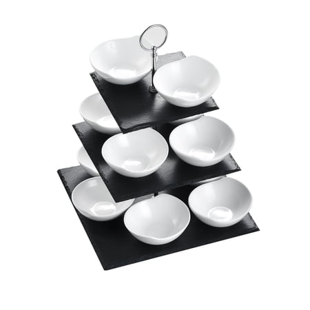 MALACASA, Series Sweet.Time, Natural Slate Stone Square Cake Stands Three Tiers with 12 pieces Porcelain Ramekin Dishes Snack Dishes