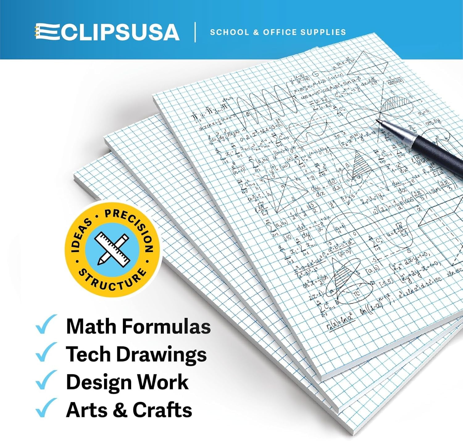 E-Clips USA 50-Sheet Quad-Ruled Legal Graph Paper Notebook with Glued Top Binding, 12-Pack