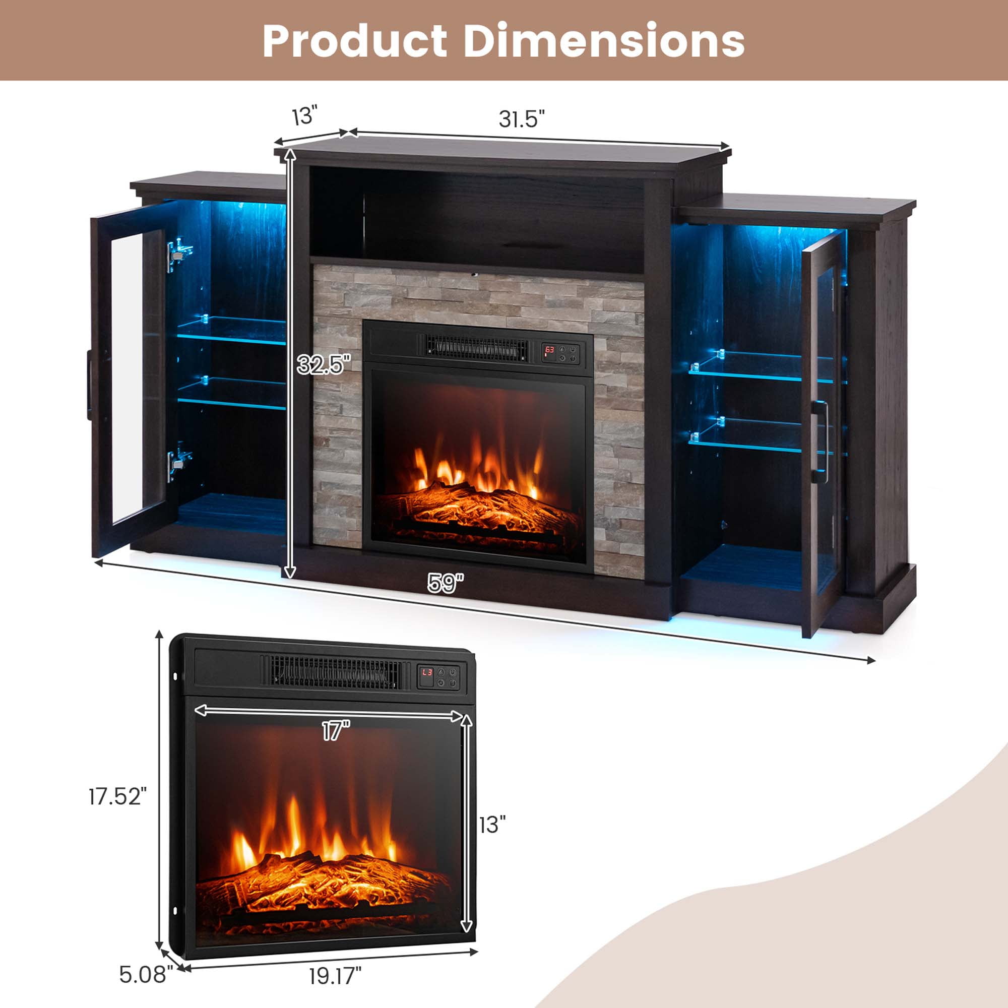 Costway Fireplace TV Stand with Led Lights & 18'' Electric Fireplace For 65" Wall-Mounted TV Dark Brown