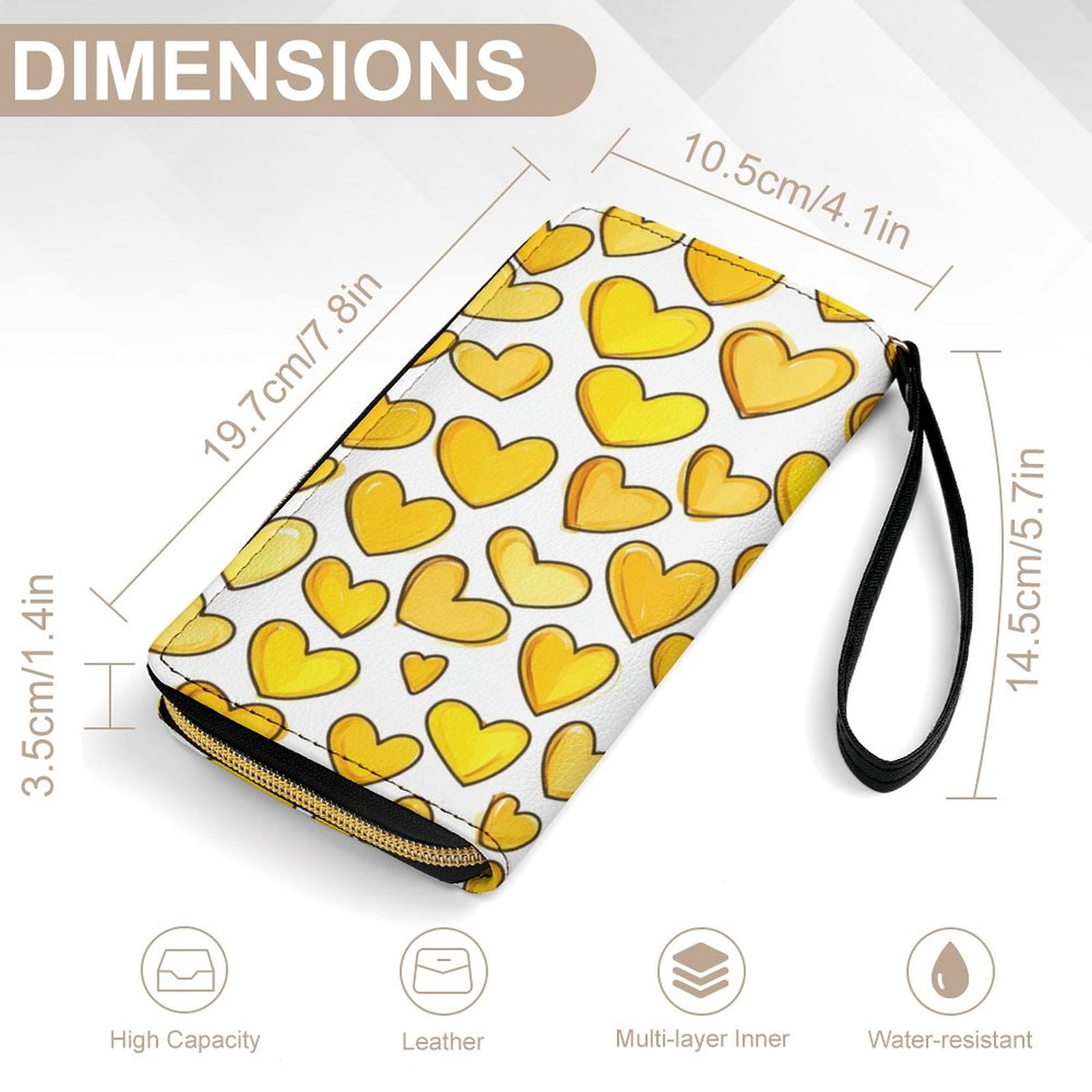 Womens Wallet Bifold Ladies Cluth Bag Wristlet Wrist Strap Long Purse Yellow Hearts Design