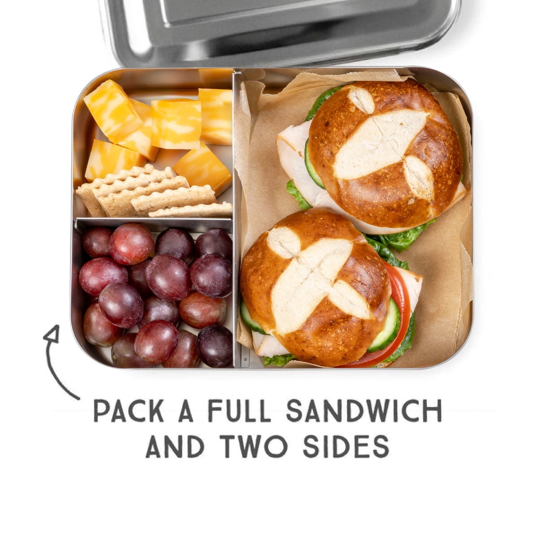 LunchBots Large Trio Stainless Steel Lunch Container -Three Section Design for Sandwich and Two Sides - Metal Bento Lunch Box - Eco-Friendly - Stainless Lid - Stainless Steel