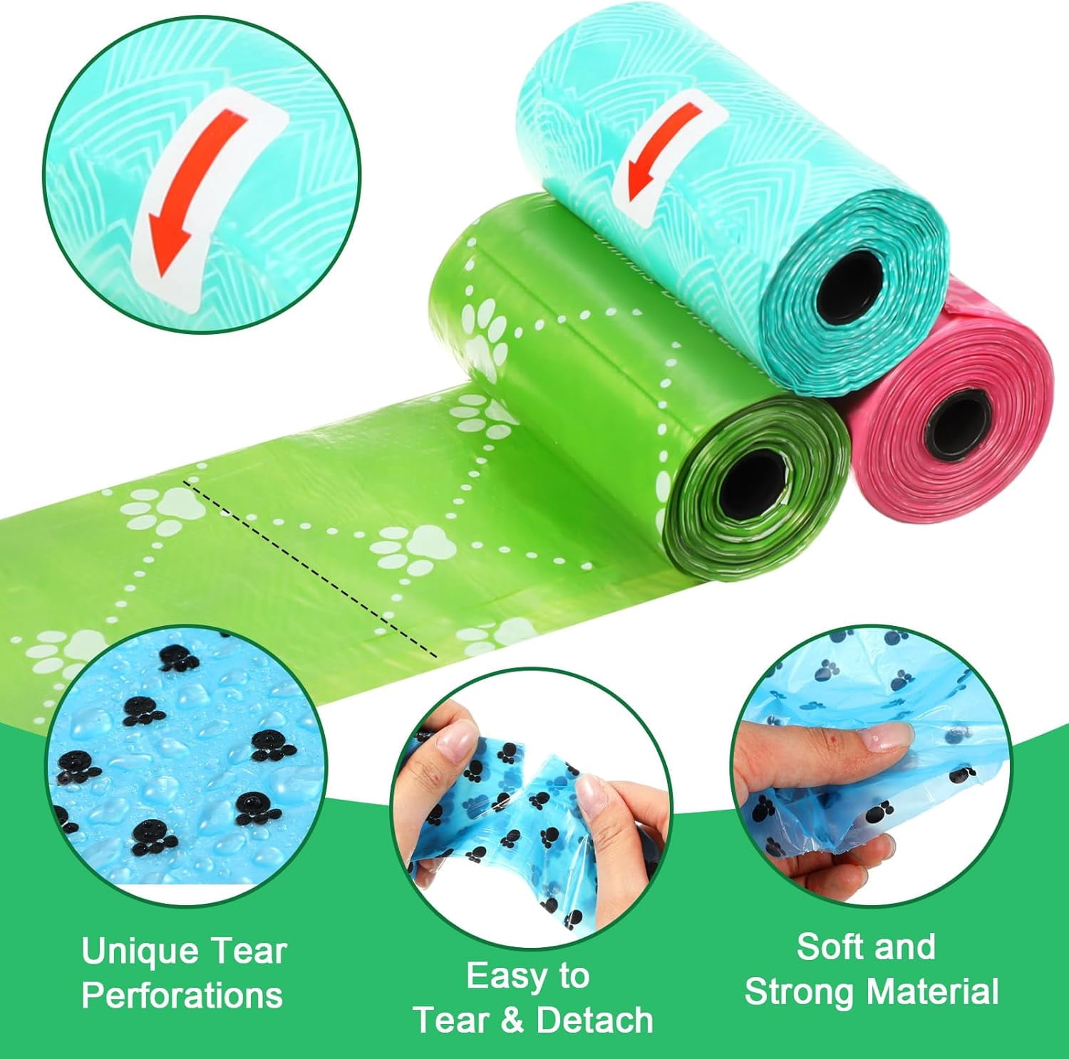 Disposable Dog Poop Bags, 3000 Counts in 200 Rolls for Pet Waste Cleanup Outdoor Walking Travel, Mixed Colors Paw Print Style