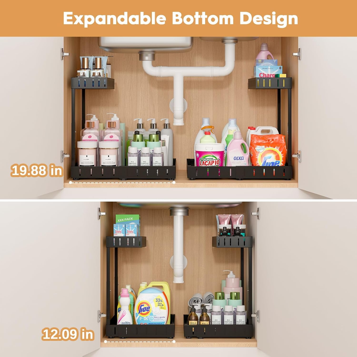 Under Sink Organizer, 2 Tier Expandable Under Cabinet Organizer, Heights Adjustable Pull Out Storage for Kitchen Bathroom Laundry, White, 2 Pack