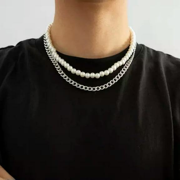 HOOUN Men's Fashion Double Layer Pearl Chain Layered Necklace
