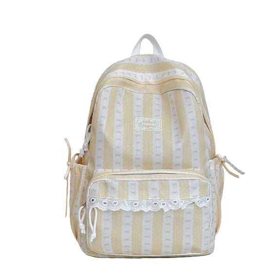 Bow Print School Backpack, Lace Trim Backpack with Side Pockets, Heavy Duty Computer Bag for Travel College Work, Yellow