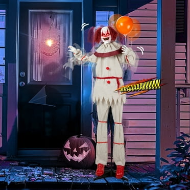 5.7FT Halloween Animatronics Clown with Light-Up Red Eyes, Creepy Sound and Balloon, Sound Activated Animated Halloween Decorations for Indoor Haunted House Decor Outdoor Yard Lawn