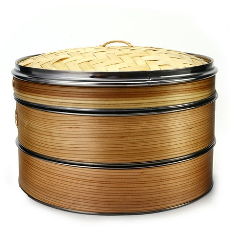 2 Tier Natural Bamboo Steamer Classic Healthy Cooking Great for Dumplings,Vegetables,Chicken,with Aluminum Banding