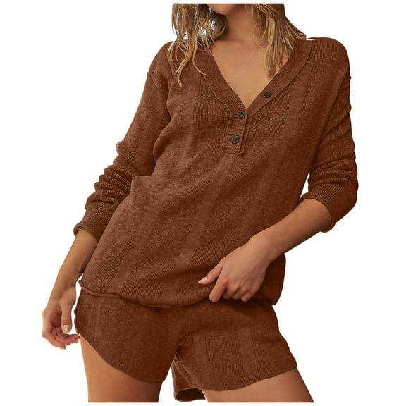 XuJwPNcy Women's Two Piece Outfits Summer Knit Sweater Sets Long Sleeve Button V Neck Tops with Shorts Lounge Sets
